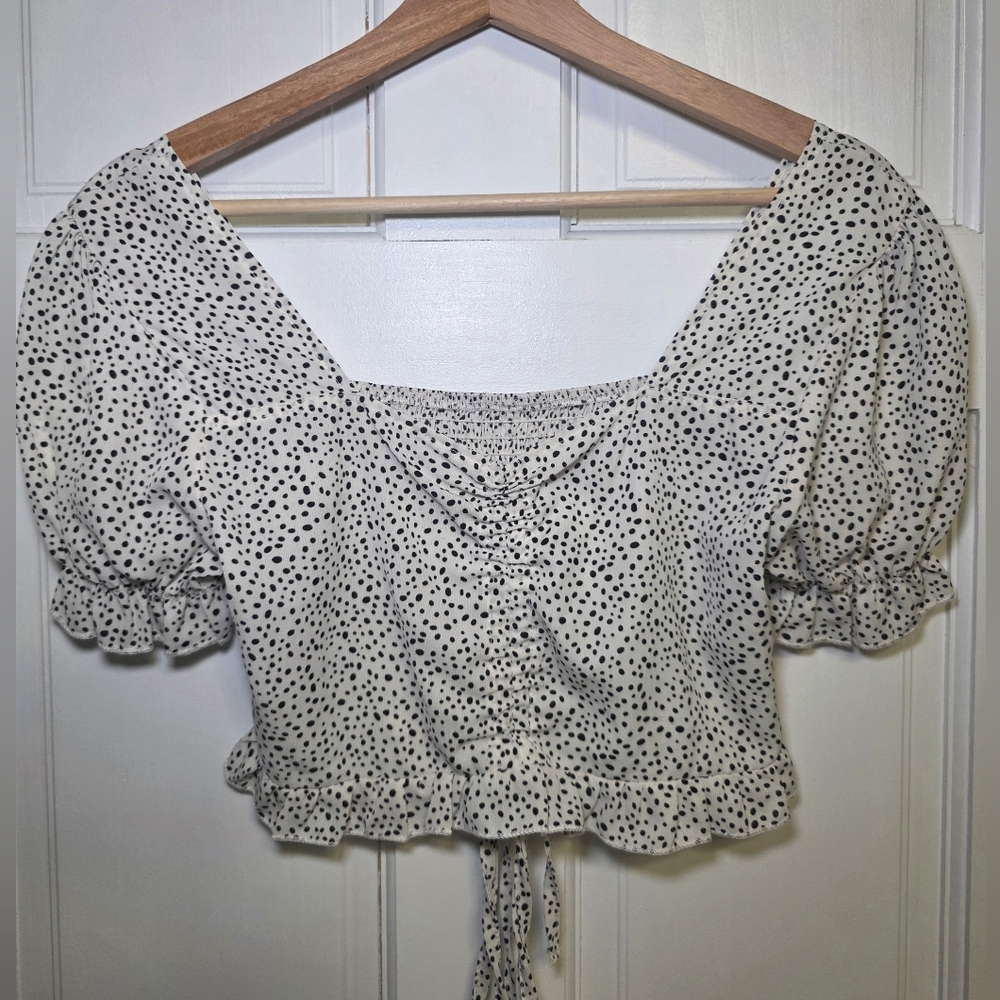 Shein Polka Dot Ruched Puff Sleeve Drawstring Crop Top- Size Sm